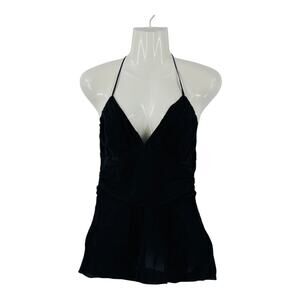 Vintage Y2K Express Black Silk Halter Top Plunge Backless Cami Size M Medium